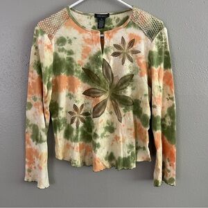 Vintage Y2K Kate Landry Tie Dye Top Sz XL Mesh Sequin Floral Lettuce Hem Grunge